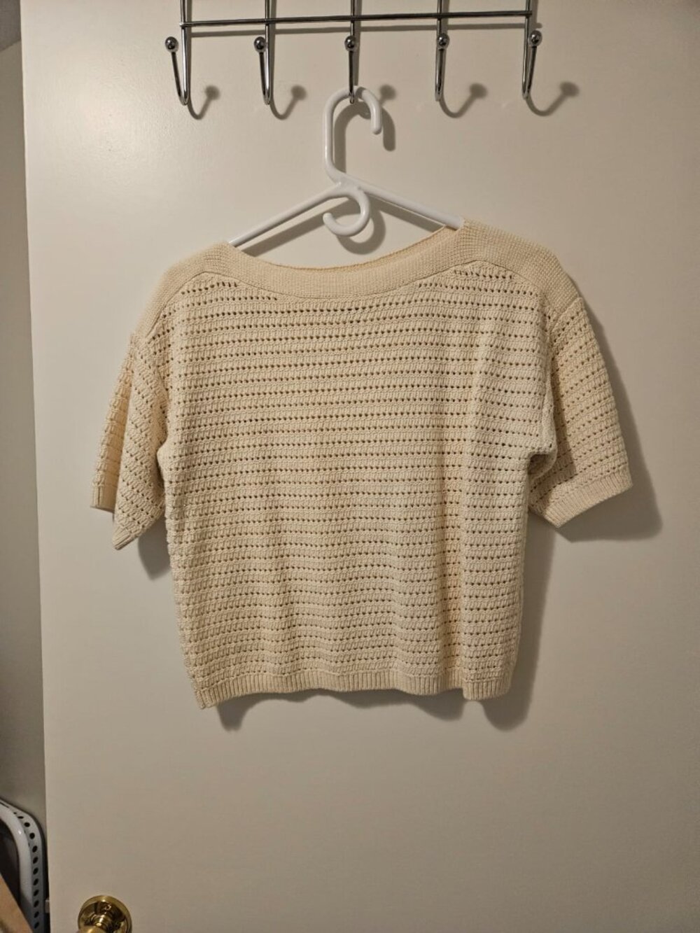 RW&CO Cream Open-Stitch Pointell Knit Short Sleeve Boatneeck Sweater